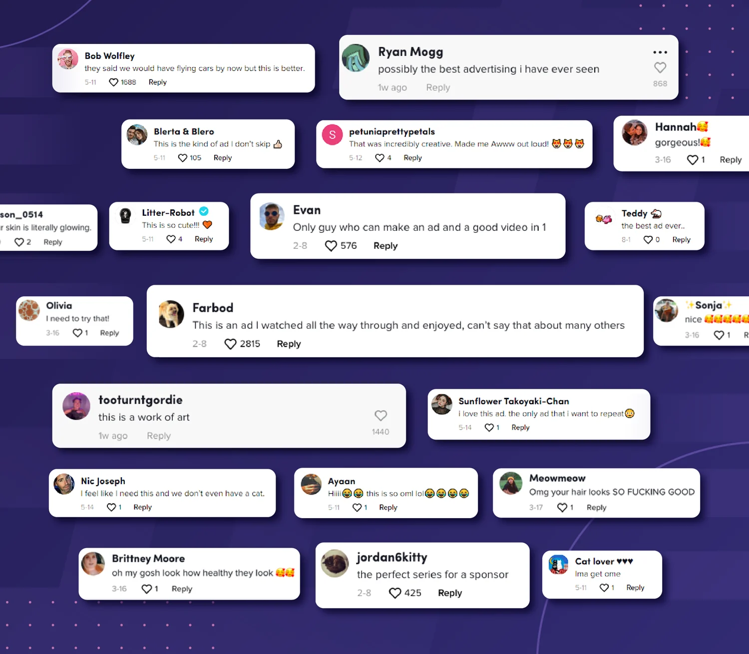 Collage of viewer comments praising creator campaign videos